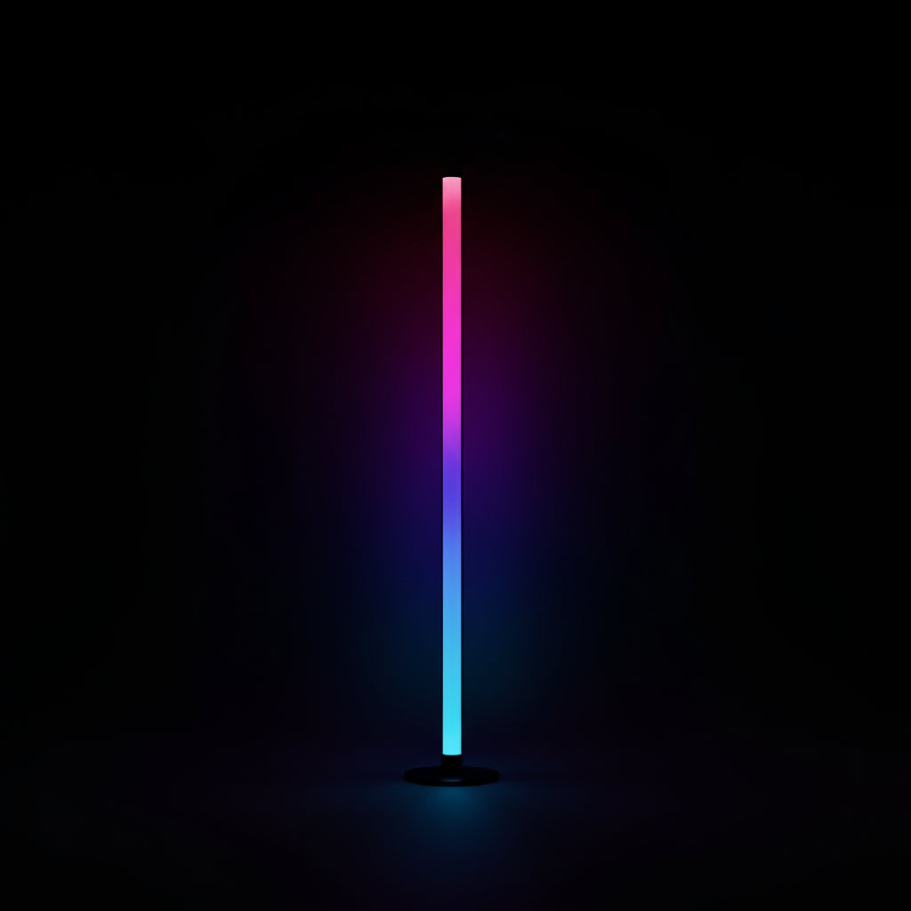 Colorful LED floor lamp with control methods displayed on a dark background