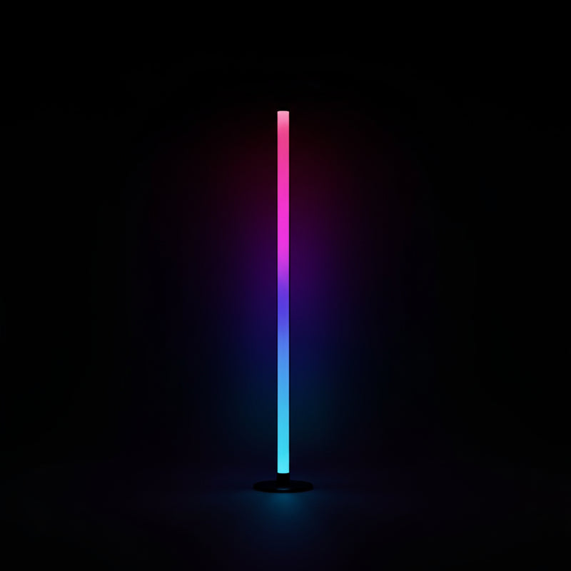 Colorful LED floor lamp with control methods displayed on a dark background